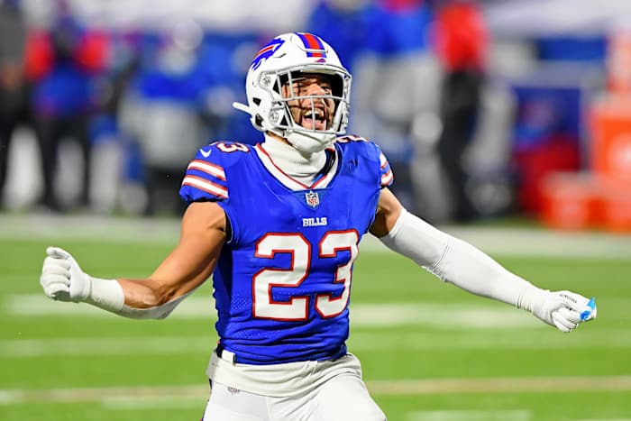 Buffalo Bills strong safety Micah Hyde reacts after a play against the Baltimore Ravens during the first half of an AFC Divisional Round playoff game at Bills Stadium